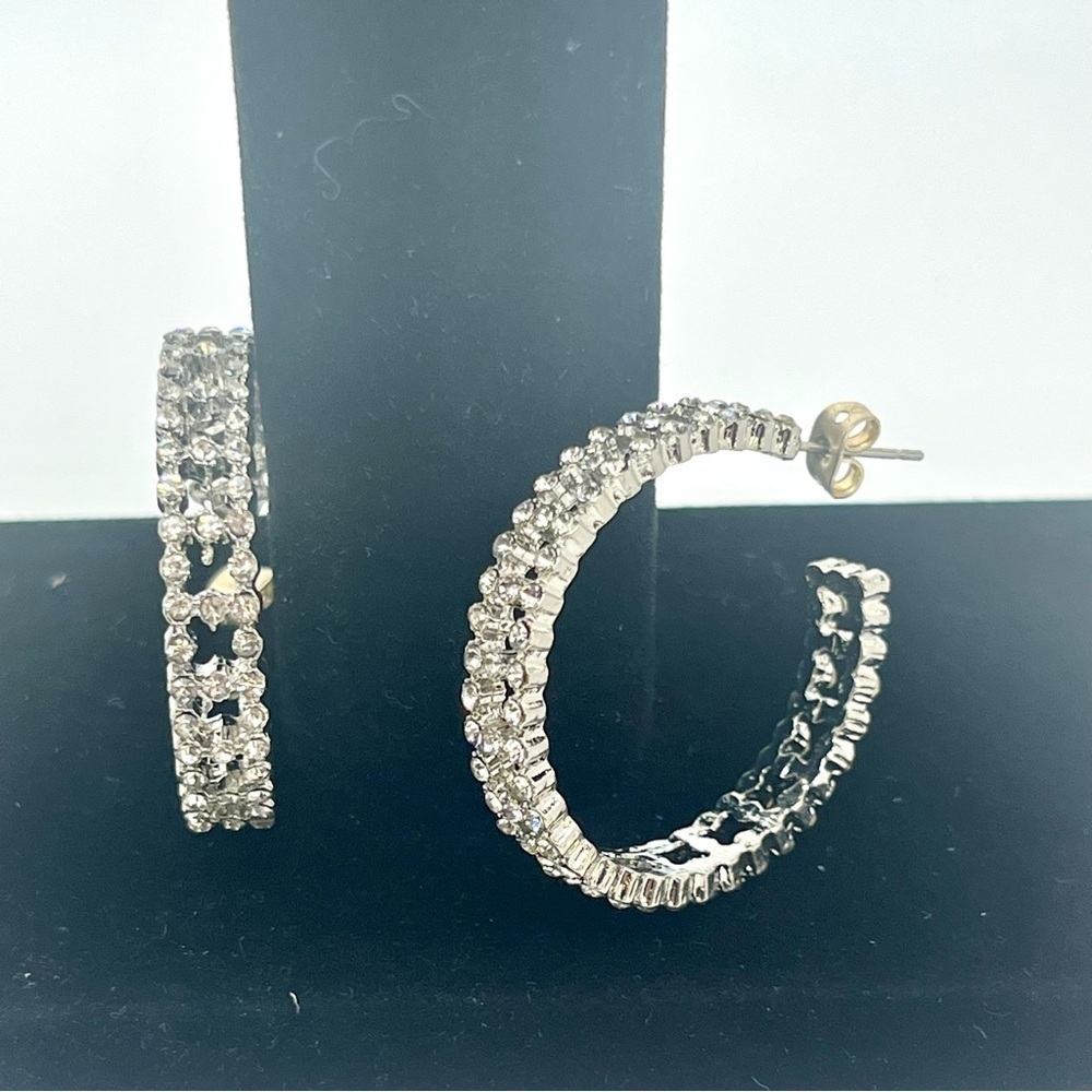 Silver Tone Rhinestone Hoop Earrings - Picture 7 of 8